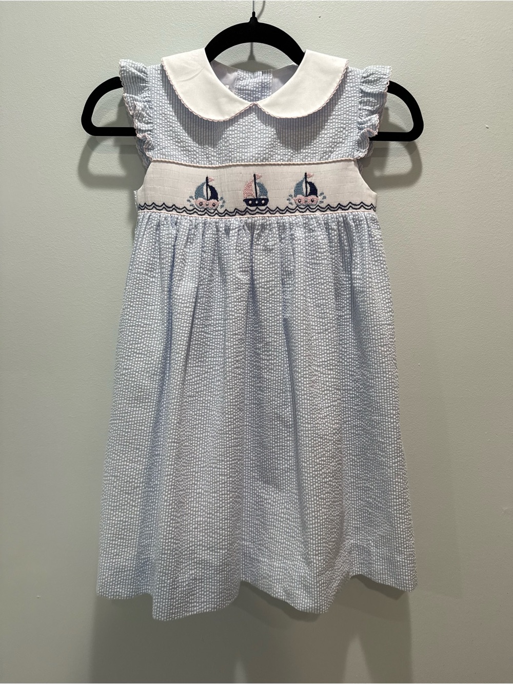 Southern Smocked Co Blue Seersucker Sailboat Smocked Dress Girls Size 7
